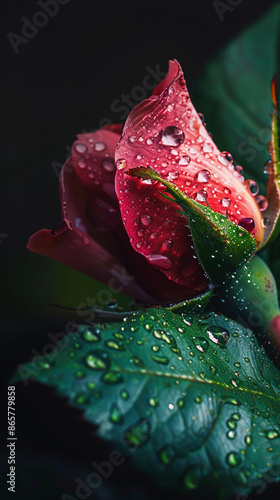 Red Rose With Raindrops Close-up