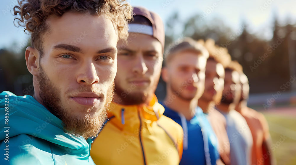Group of Team Players Warming Up in Front of Sports Complex, Defocused Building in Background Symbolizing Unity and Active Lifestyle Group of Team Players Warming Up in Front of Sports Complex, Defocused Building in Background Symbolizing Unity and Active Lifestyle