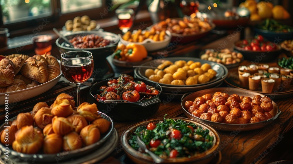 A sophisticated food catering display with assorted dishes and fresh vegetables providing a variety of options A sophisticated food catering display with assorted dishes and fresh vegetables providing a variety of options