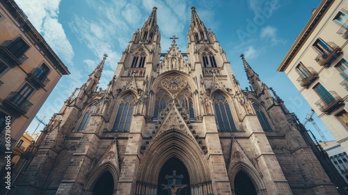 Gothic style church with flying buttresses and detailed facade