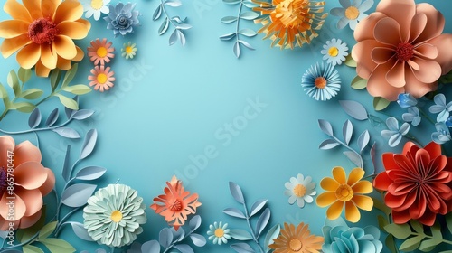 A beautiful arrangement of colorful handmade paper flowers on a light blue background. The composition features intricate flower designs in various colors including orange, red, and blue © Praphan
