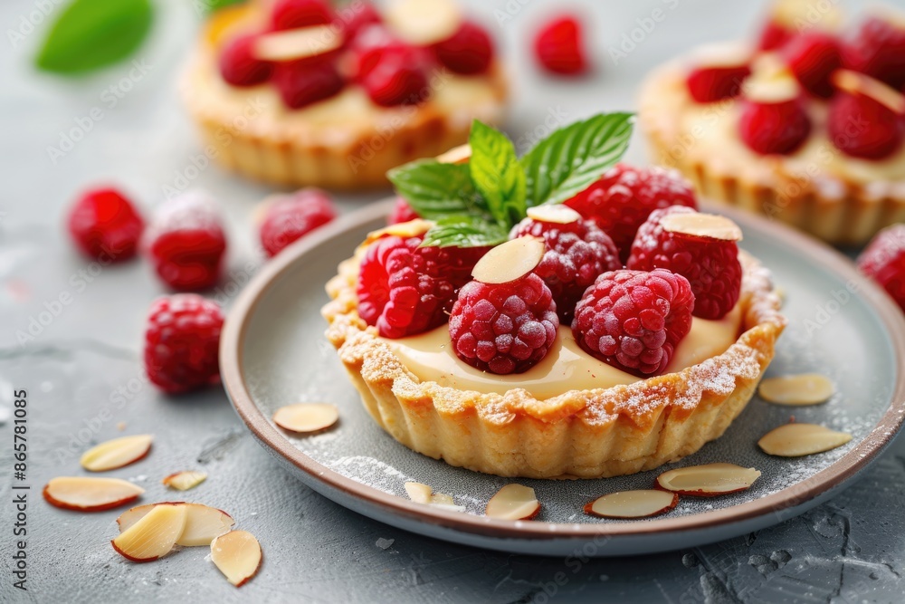 Summer berry tartlet with vanilla custard and almond flakes. Summer berry tartlet with vanilla custard and almond flakes.