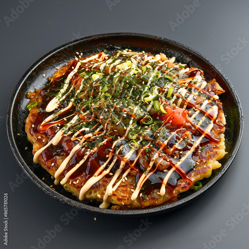 The Okonomiyaki Savory Japanese Pancake Delight with Fresh Ingredients and Traditional Flair. Ideal for culinary blogs, cuisine promotions, restaurant menus, and social media posts.