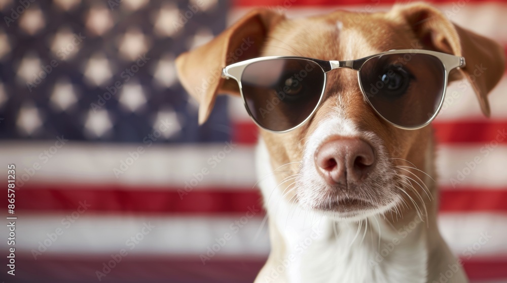 A dog wearing sunglasses is standing in front of an American flag, 4th July Independence Day USA concept A dog wearing sunglasses is standing in front of an American flag, 4th July Independence Day USA concept