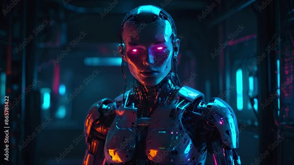 The video is of a female robot with glowing pink eyes and silver metallic skin. She is wearing a black bodysuit and there are blue and purple lights in the background. The video is of a female robot with glowing pink eyes and silver metallic skin. She is wearing a black bodysuit and there are blue and purple lights in the background.