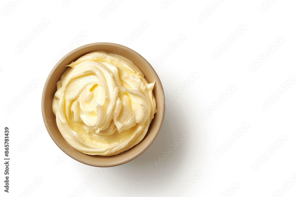 Top view of pastry cream in white bowl. Top view of pastry cream in white bowl.