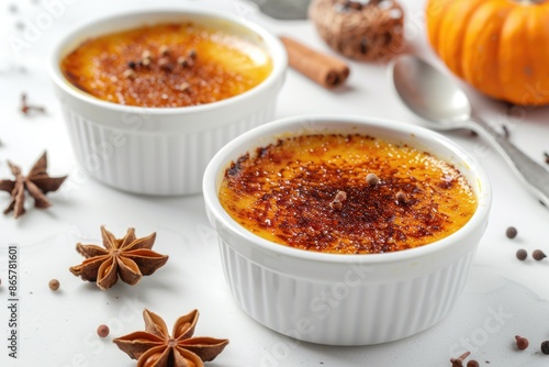 Spice pumpkin Creme Brulee in white ramekins on a white table. photo