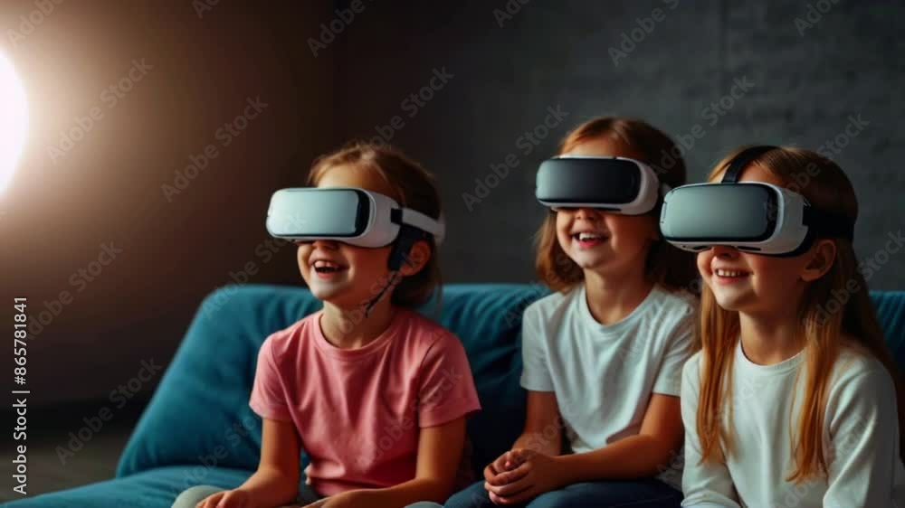 Three girls are sitting on a couch wearing virtual reality headsets and smiling. Three girls are sitting on a couch wearing virtual reality headsets and smiling.