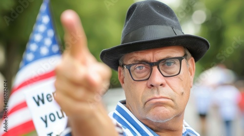 A man wearing a black hat and glasses is pointing at a sign photo