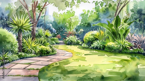 Landscaping watercolor sketch of a backyard with lush greenery and pathways, outdoor beauty, garden design