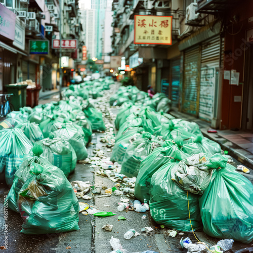 A pile of green plastic bags are stacked on the sidewalk.