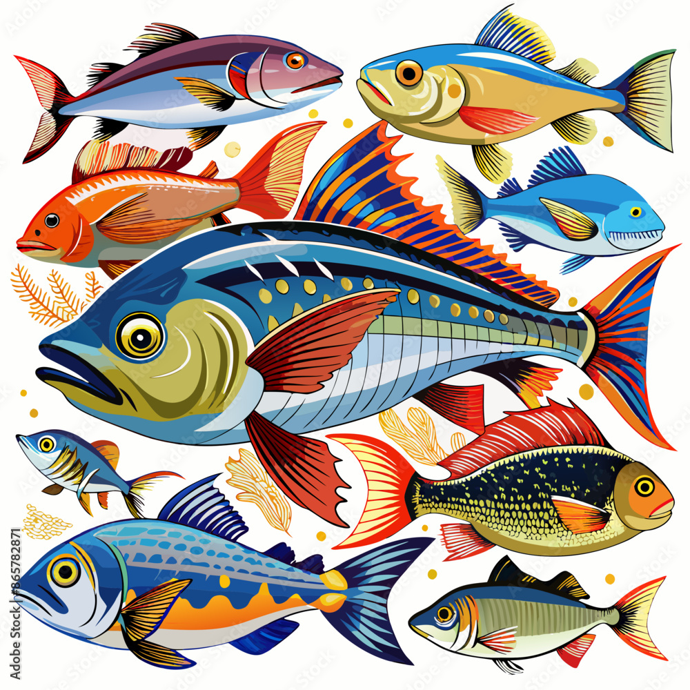 All fish,real style, white background All fish,real style, white background