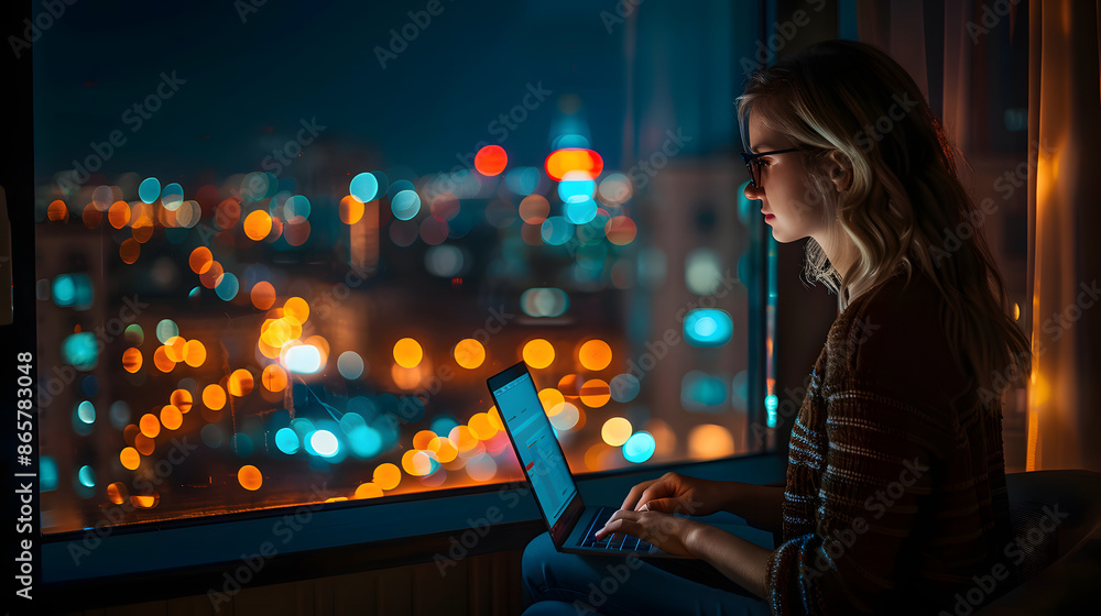 businesswoman hand working with laptop computer, on night city background businesswoman hand working with laptop computer, on night city background