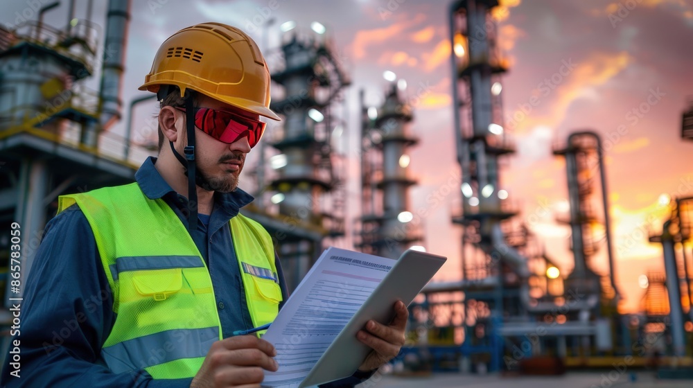 A man in a yellow vest is reading a piece of paper while standing in front of a large industrial plant A man in a yellow vest is reading a piece of paper while standing in front of a large industrial plant