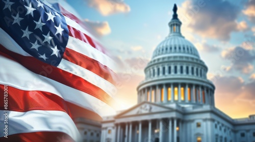 A large American flag is flying in front of the United States Capitol building, 4th July Independence Day USA concept