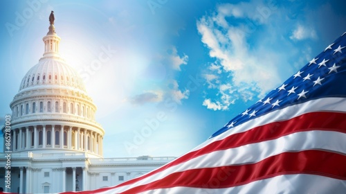 A large American flag is flying in front of the United States Capitol building, 4th July Independence Day USA concept