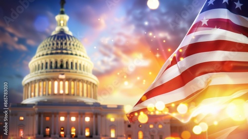 A large American flag is flying in front of the United States Capitol building, 4th July Independence Day USA concept