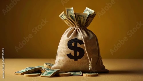 This is a cartoon video of a full money bag with a dollar sign on it. The bag is sitting on a table with some money next to it.