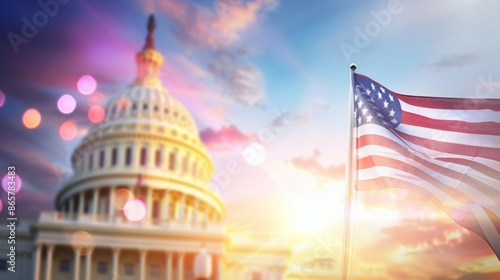 A large American flag is flying in front of the United States Capitol building, 4th July Independence Day USA concept