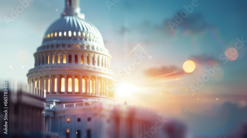 The Capitol building is lit up with the sun shining on it, 4th July Independence Day USA concept