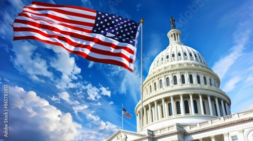 A large white building with a large flag flying in front of it, 4th July Independence Day USA concept