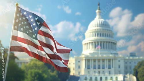 A large American flag is flying in front of the United States Capitol building, 4th July Independence Day USA concept