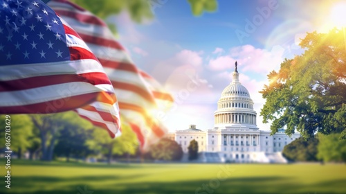 A flag is flying in front of the United States Capitol building, 4th July Independence Day USA concept