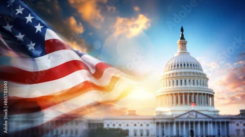A large American flag is flying in front of the United States Capitol building, 4th July Independence Day USA concept