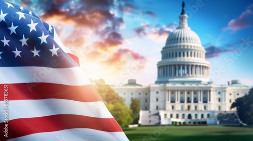 A large American flag is displayed in front of the United States building, 4th July Independence Day USA concept