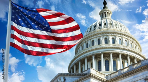 A large American flag is flying in front of the United States Capitol building, 4th July Independence Day USA concept