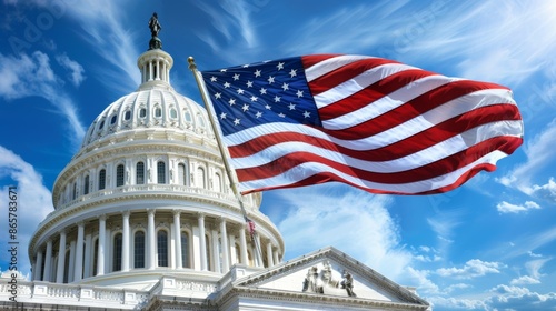 The American flag is flying high above the United States Capitol building, 4th July Independence Day USA concept
