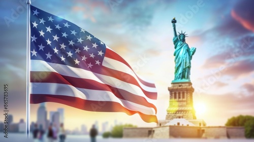 A large American flag is flying in the air next to a statue of a woman, 4th July Independence Day USA concept