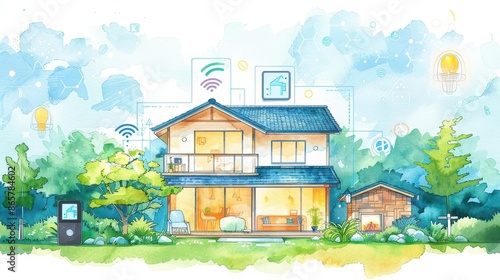 Smart home gadgets watercolor illustration of a connected home system, innovation, technology