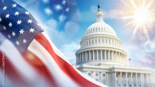 A large white building with a dome and a flag in front of it, 4th July Independence Day USA concept
