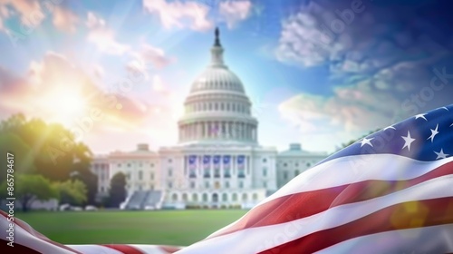 The flag is waving in the wind, and the sun is shining on it, creating a warm, 4th July Independence Day USA concept