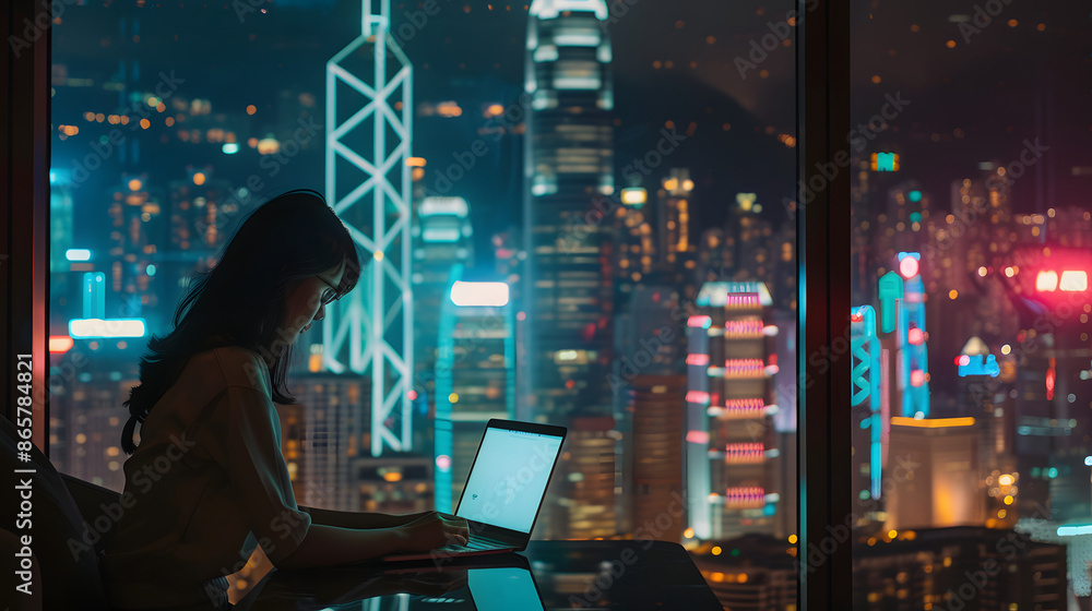 businesswoman hand working with laptop computer, on night city background businesswoman hand working with laptop computer, on night city background