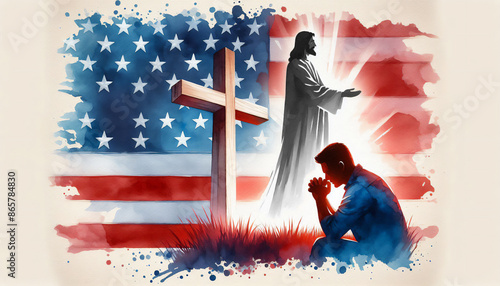 A painting of a man kneels in prayer before a cross and Jesus, with the American flag in the background. Sacred Symbols of America. Faith and patriotism