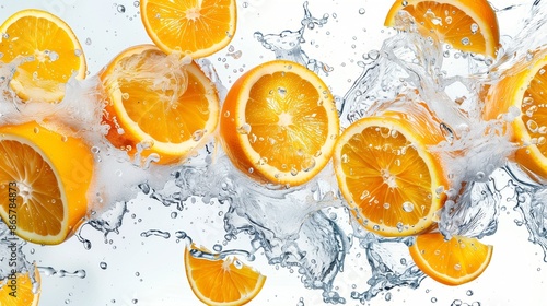 Slices of fresh, juicy oranges splashing in clear water