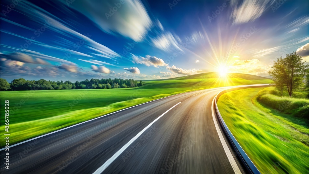High-speed motion blurred asphalt road curves under sunny sky with bold green grass and bright blue horizon, conveying dynamic energy and competitive spirit. High-speed motion blurred asphalt road curves under sunny sky with bold green grass and bright blue horizon, conveying dynamic energy and competitive spirit.