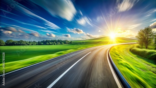 High-speed motion blurred asphalt road curves under sunny sky with bold green grass and bright blue horizon, conveying dynamic energy and competitive spirit. © Adisorn