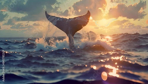Wallpaper Mural Whale Tail Splashes at Sunset Ocean with Ai generated.

 Torontodigital.ca
