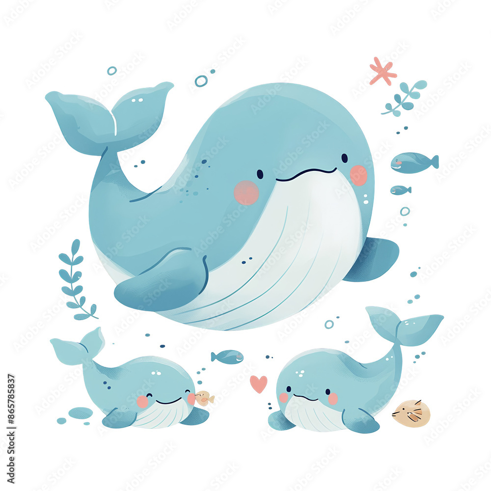 Adorable cartoon whales depicted in a playful underwater scene with fish and sea plants. Perfect for children's decor and educational materials. Adorable cartoon whales depicted in a playful underwater scene with fish and sea plants. Perfect for children's decor and educational materials.
