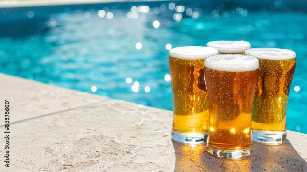 Four glasses of beer are sitting on a pool deck Four glasses of beer are sitting on a pool deck