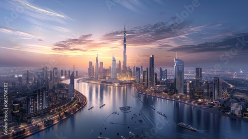 Expansive view of the new Dubai Canal project at dusk