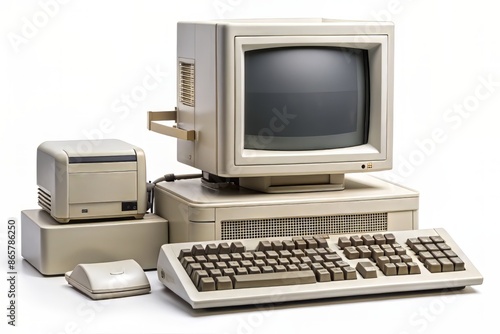 Retro technology setup on a white background featuring a vintage system unit, floppy disk drive, bulky CRT monitor, dot matrix printer, and classic keyboard.