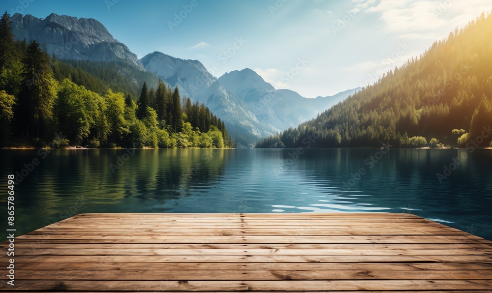 Wooden Dock Overlooking a Tranquil Mountain Lake Wooden Dock Overlooking a Tranquil Mountain Lake