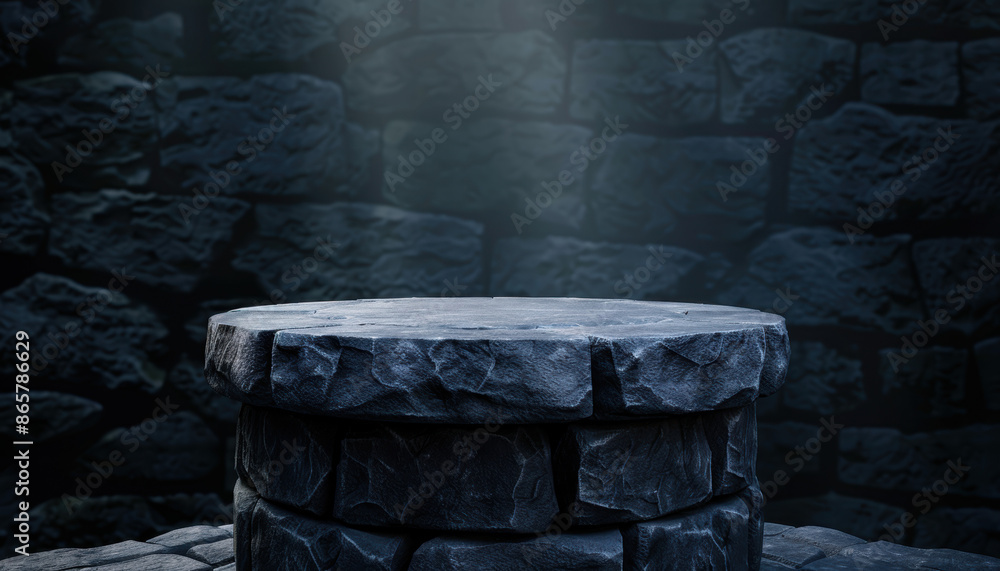 Fototapeta premium Old crypt podium with crumbling stones and eerie ambiance, Halloween blank podium, ancient and spooky