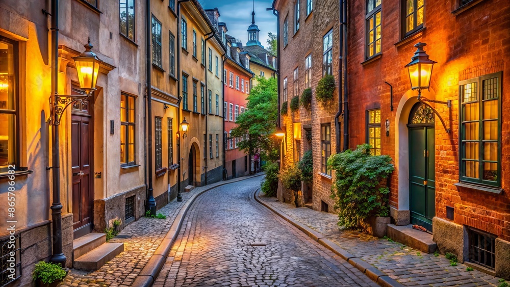 Quaint cobblestone alleys lined with centuries-old brick buildings, ornate lanterns, and rustic wooden doors in historic Stockholm old town. Quaint cobblestone alleys lined with centuries-old brick buildings, ornate lanterns, and rustic wooden doors in historic Stockholm old town.