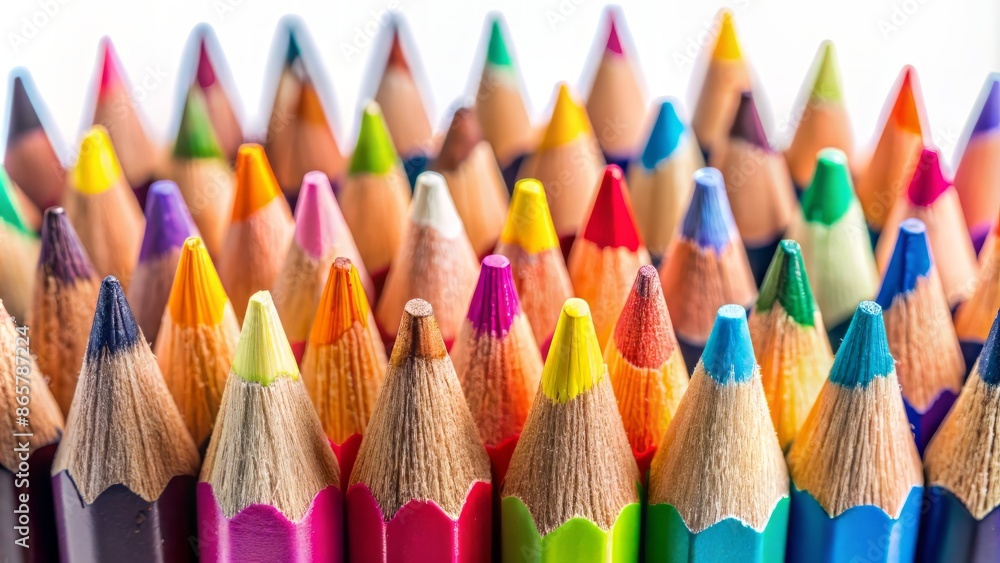 Vibrant color pencils isolated on a pure white background, shot in extreme close-up, showcasing a stunning rainbow of colors, perfect for illustration and design projects. Vibrant color pencils isolated on a pure white background, shot in extreme close-up, showcasing a stunning rainbow of colors, perfect for illustration and design projects.
