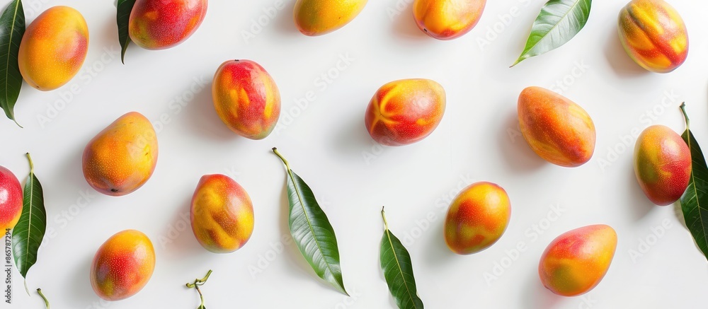 Banner design featuring fresh ripe mangoes on a white background Banner design featuring fresh ripe mangoes on a white background
